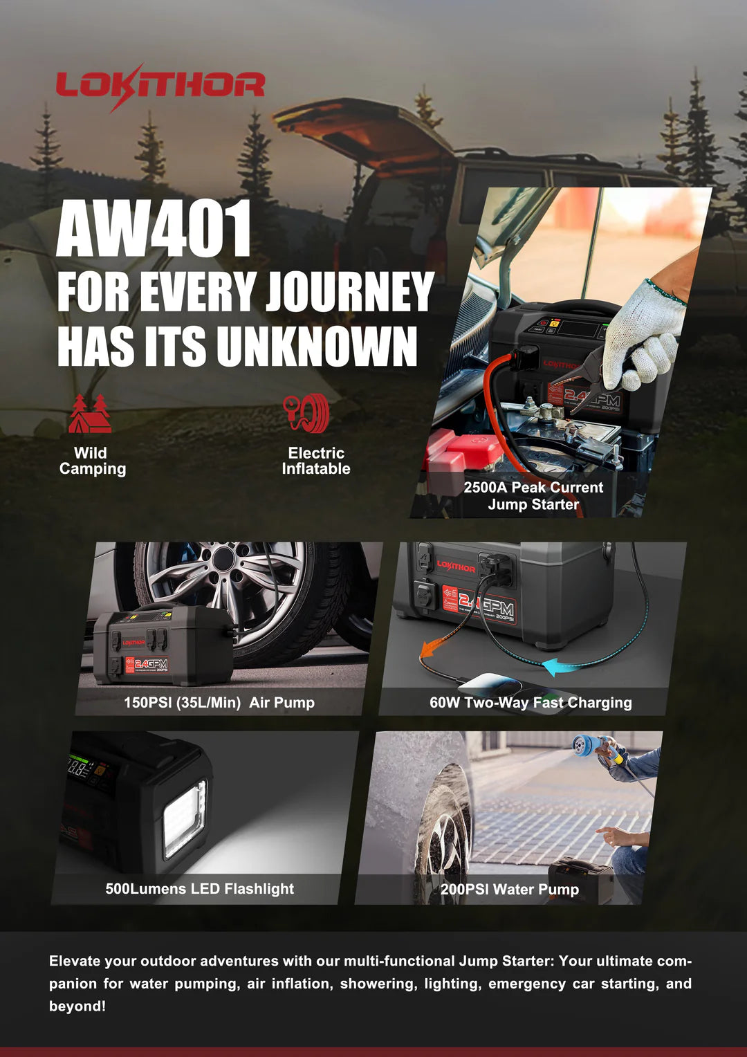 Starthjälp AW401, 2500A med bärbar högtryckstvätt och powerbank