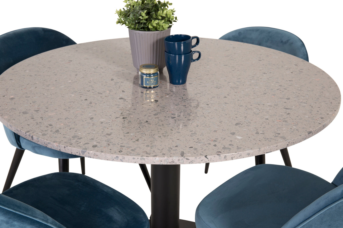 Round Dining Table ø106 Grey + Dining Chairs 2-pack Blue
