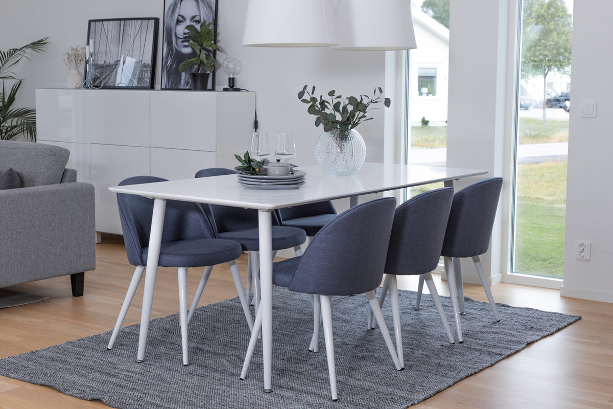 Rektangulära Matbord 180 x 75 x 90 Vit + Matstolar 2-pack Blå - Flextools Est. 2010 | Sweden
