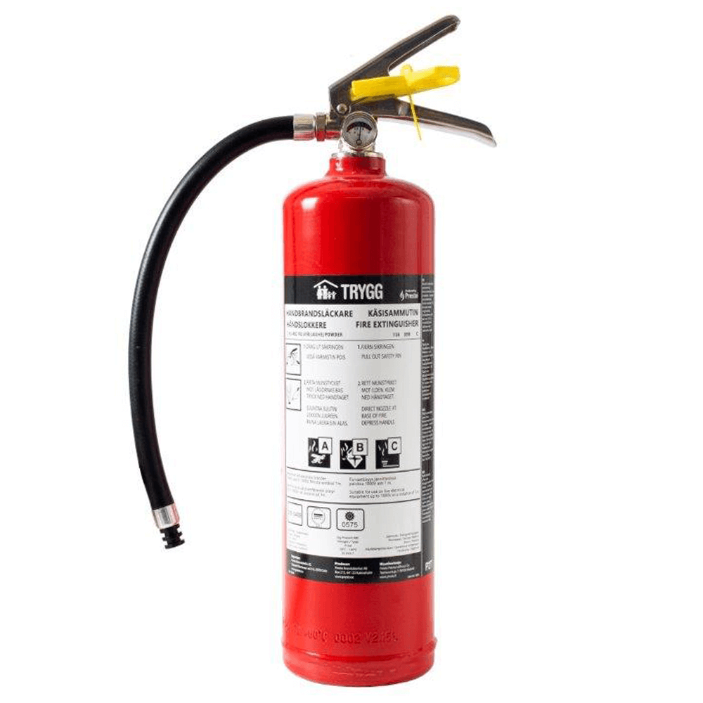 Turvallinen P2T-jauhesammutin sis. ajoneuvon teline ja letku. Ruostumaton venttiili.