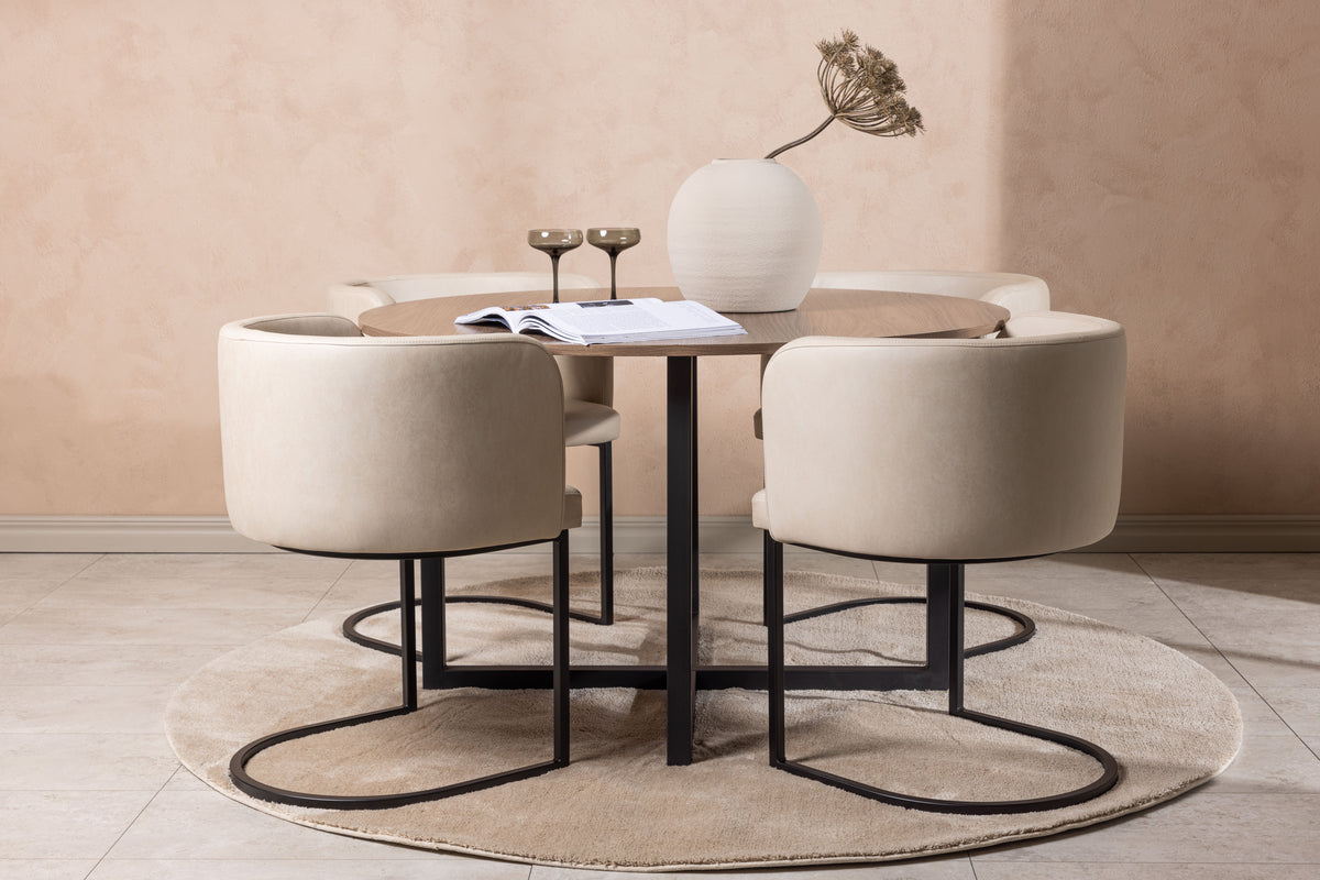 Runda Matbord ø120 Valnöt + Matstolar Beige