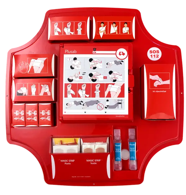 Första hjälpen-tavla med skåp