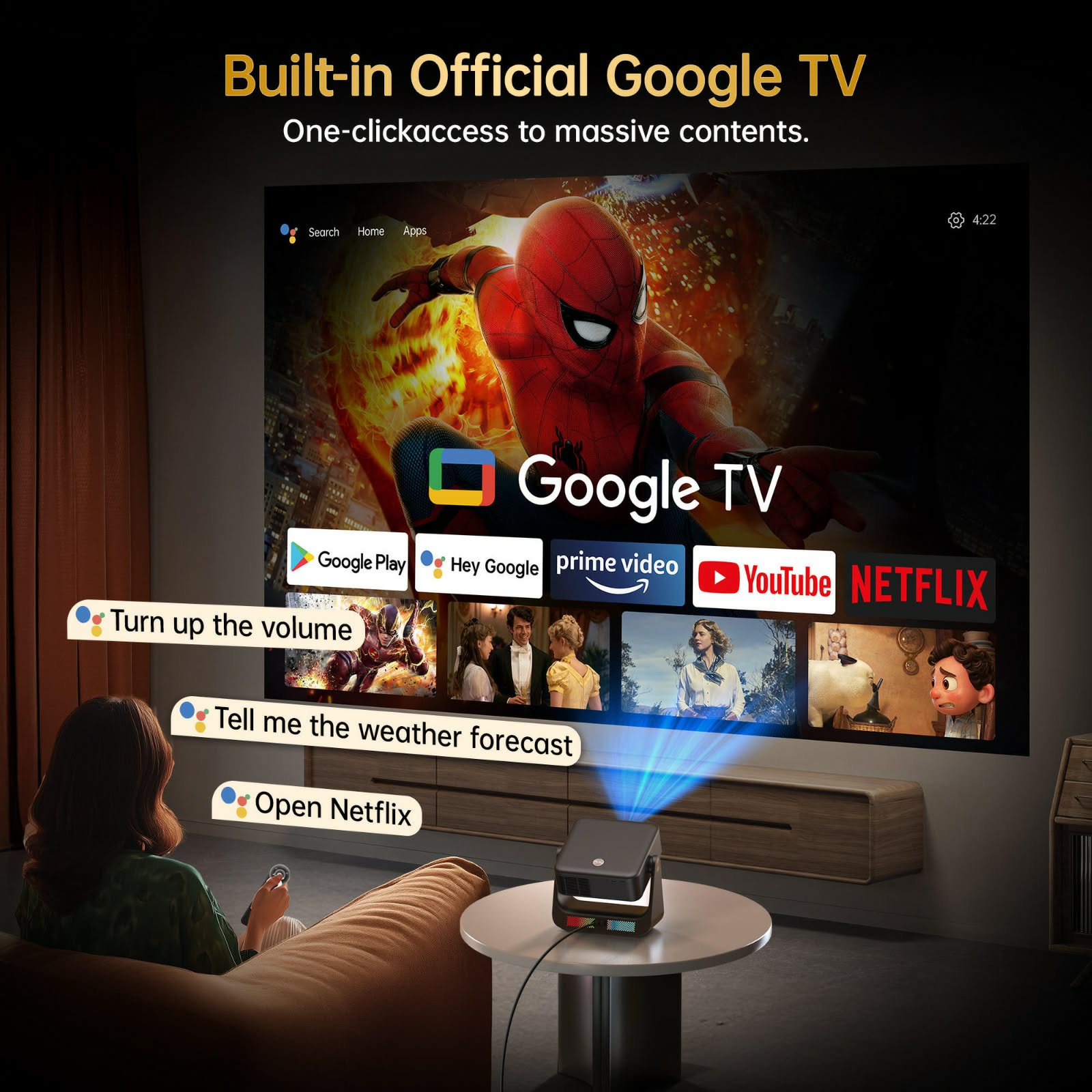 D2 Smart Projektor med Google TV – Full HD, Autofokus & 4K-stöd