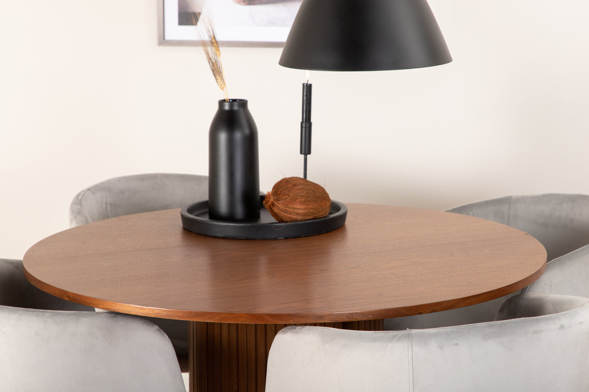 Matstolar Grå + Runda Matbord ø110 Valnöt