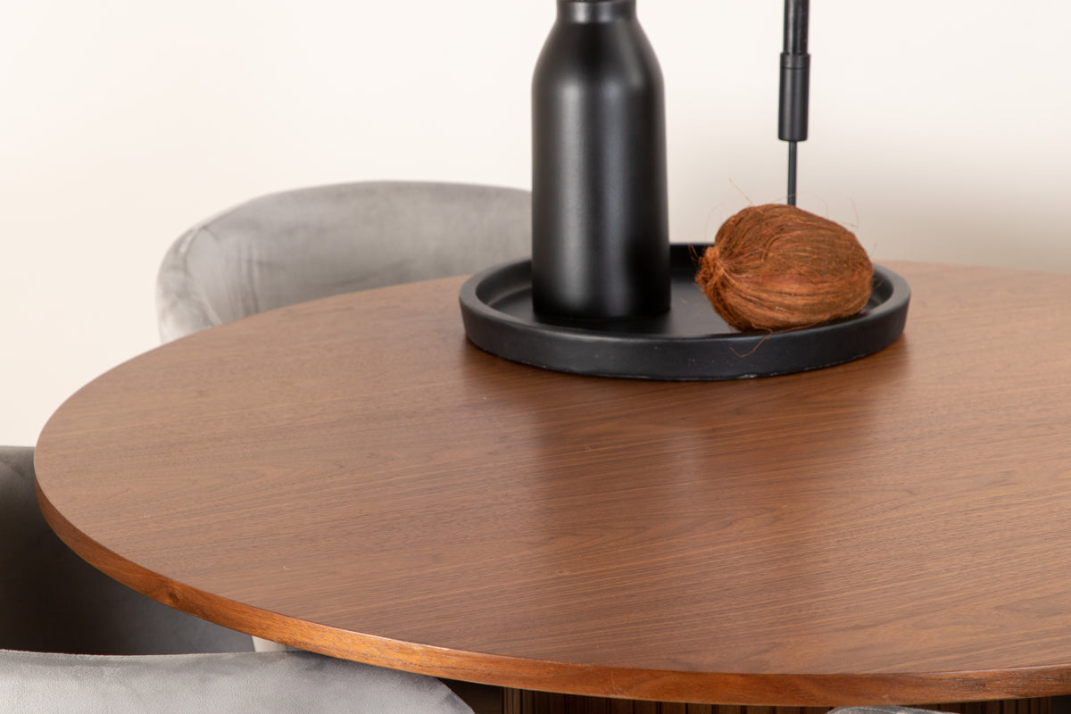 Matstolar Grå + Runda Matbord ø110 Valnöt