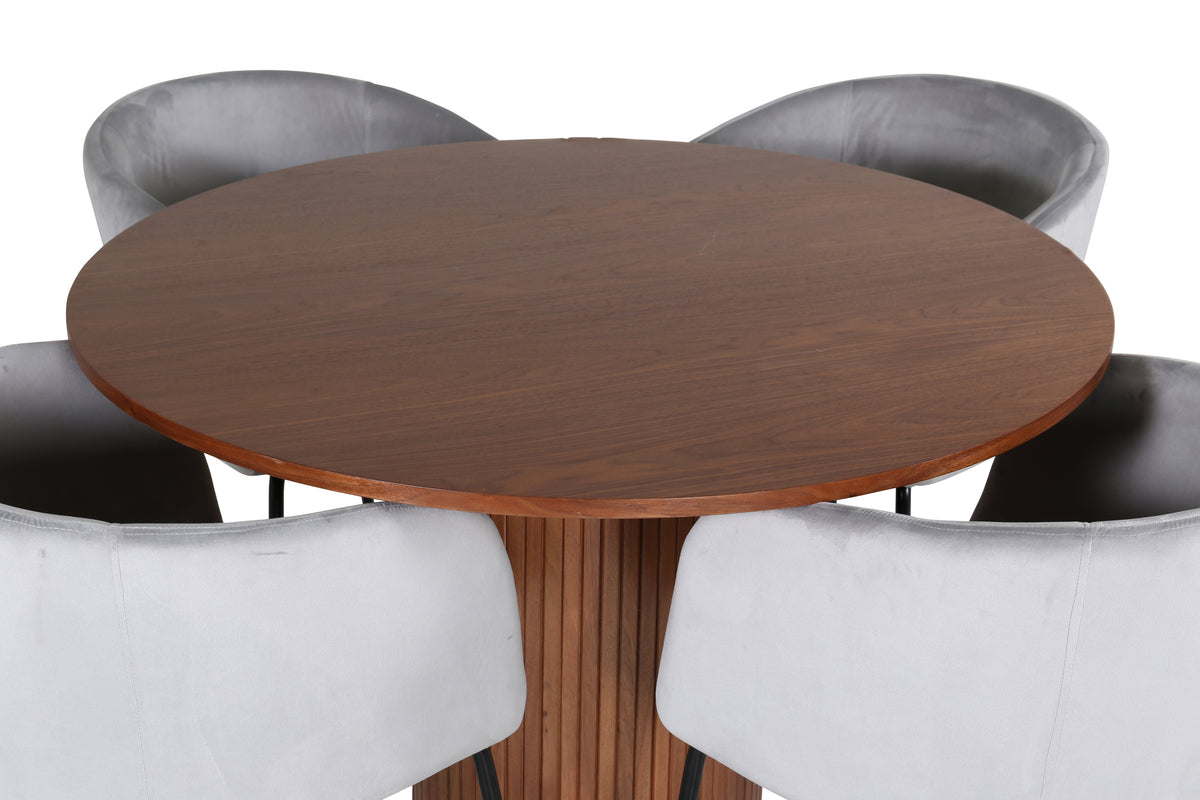 Matstolar Grå + Runda Matbord ø110 Valnöt