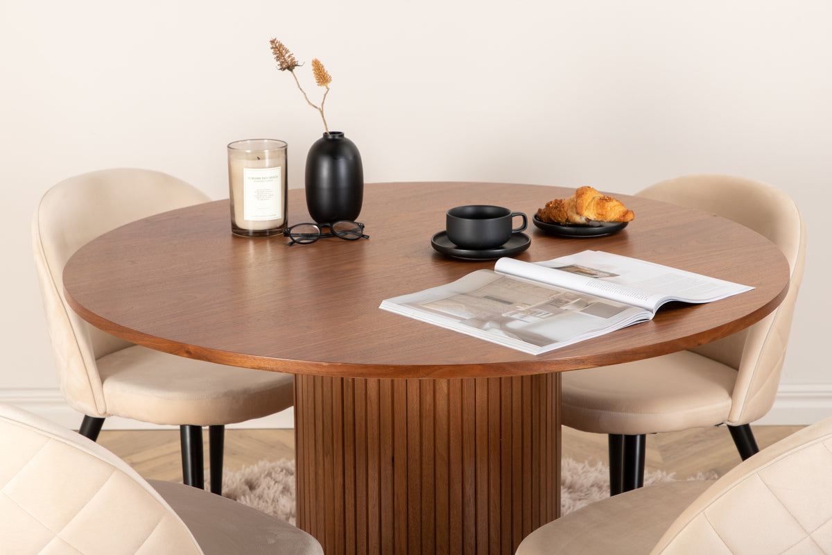 Runda Matbord ø110 Valnöt + Matstolar 2-pack Beige