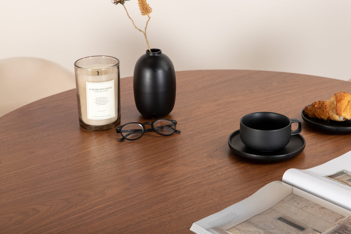 Runda Matbord ø110 Valnöt + Matstolar 2-pack Beige