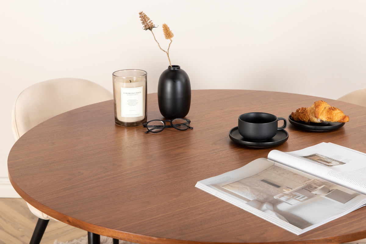 Runda Matbord ø110 Valnöt + Matstolar 2-pack Beige