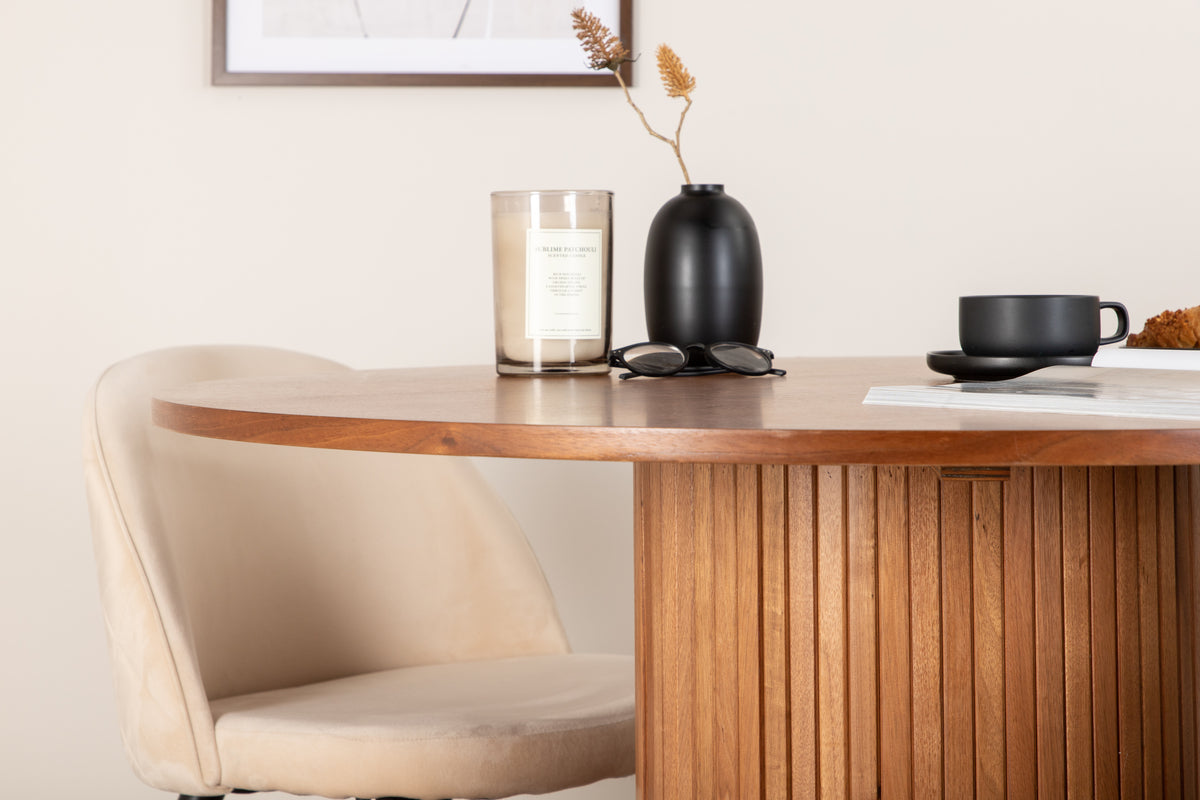 Runda Matbord ø110 Valnöt + Matstolar 2-pack Beige