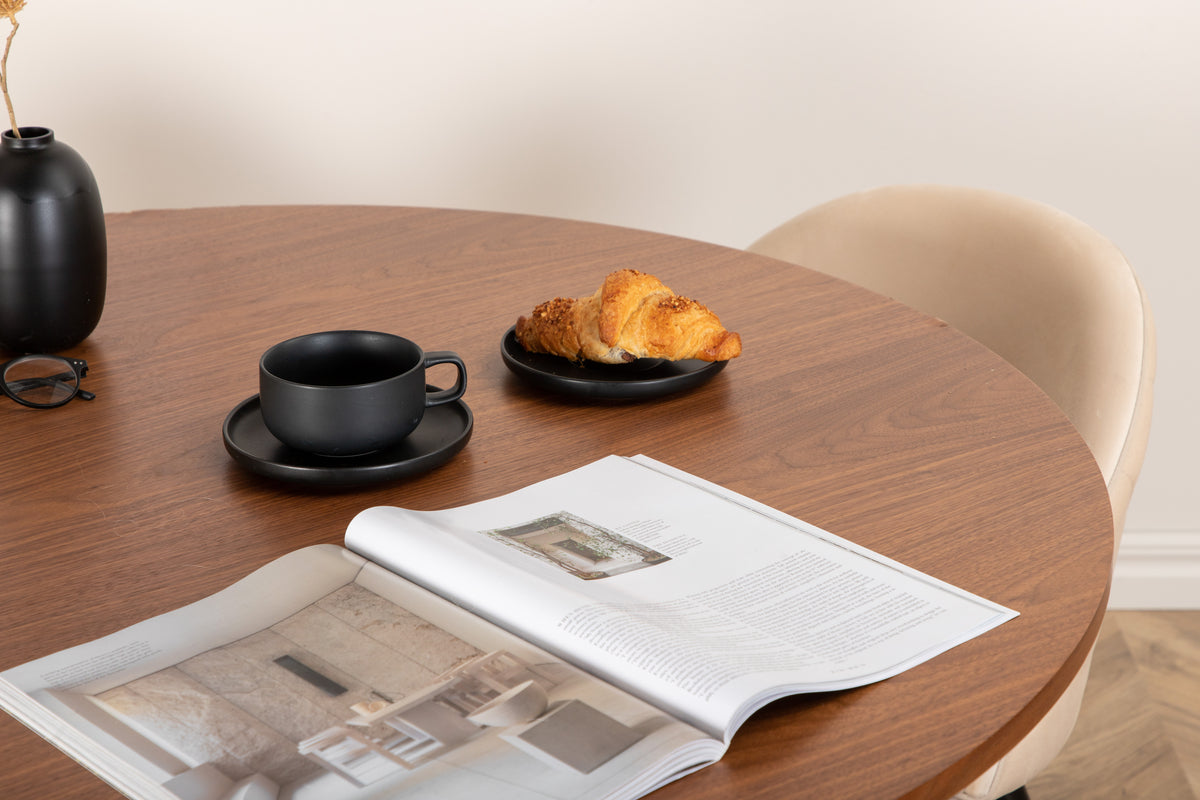 Runda Matbord ø110 Valnöt + Matstolar 2-pack Beige