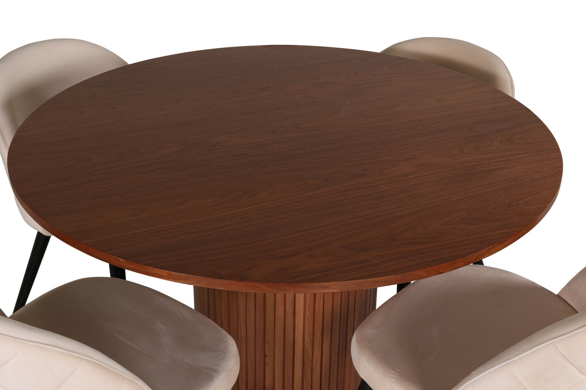 Runda Matbord ø110 Valnöt + Matstolar 2-pack Beige