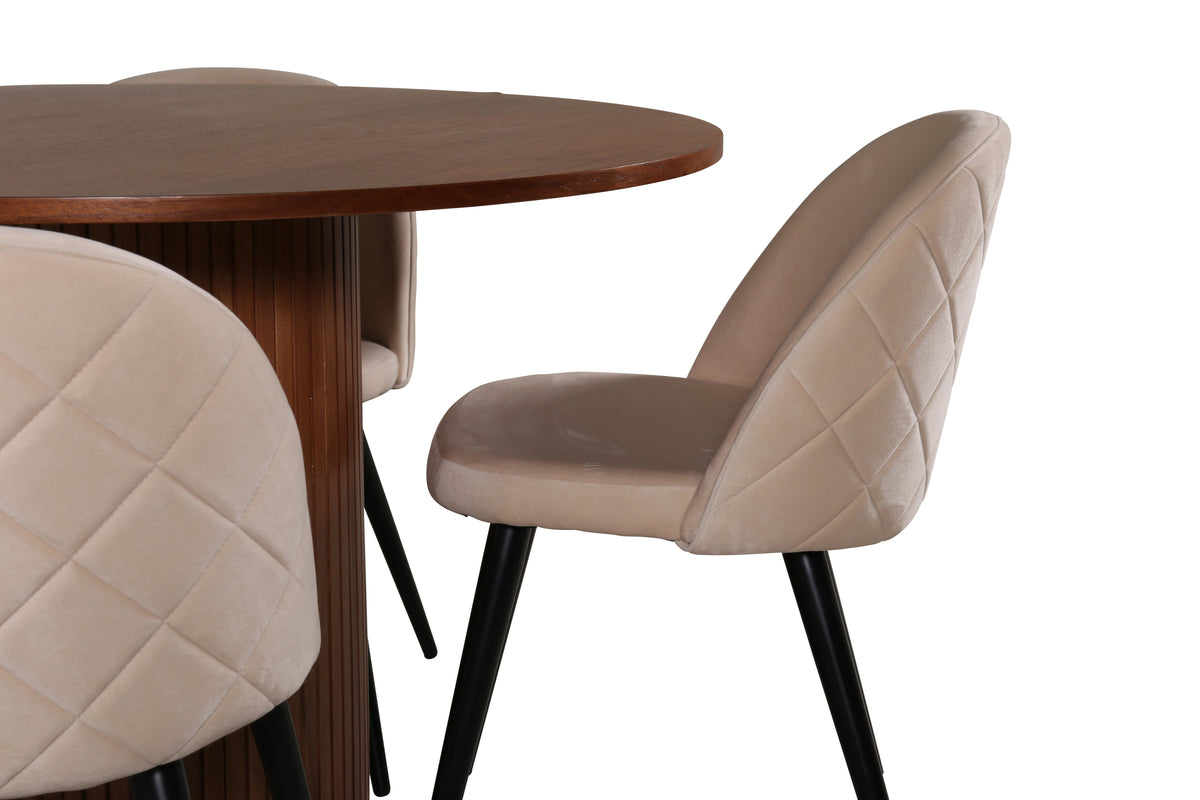 Runda Matbord ø110 Valnöt + Matstolar 2-pack Beige