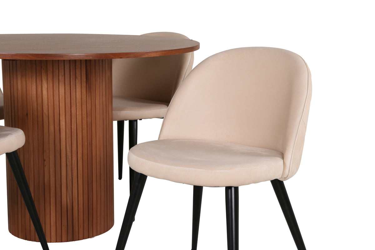 Runda Matbord ø110 Valnöt + Matstolar 2-pack Beige
